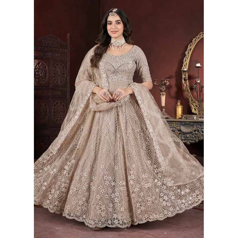 Glorious Beige Threads & Zarkan Work Bridesmaids Gown