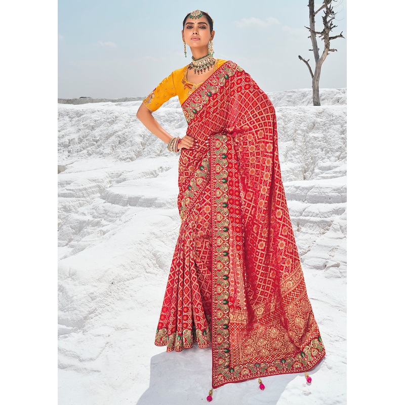 Gorgeous Red Georgette Wedding Bandhani Patola Saree
