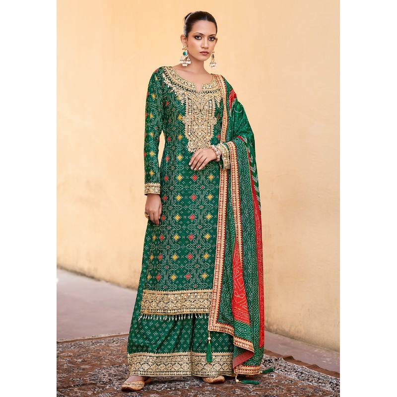 Green Chinnon Mirror Embroidered Palazzo Style Suit