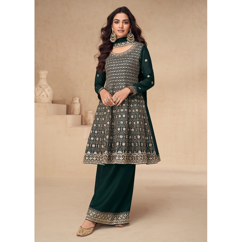 Green Designer Style Embroidered Palazzo Style Dress