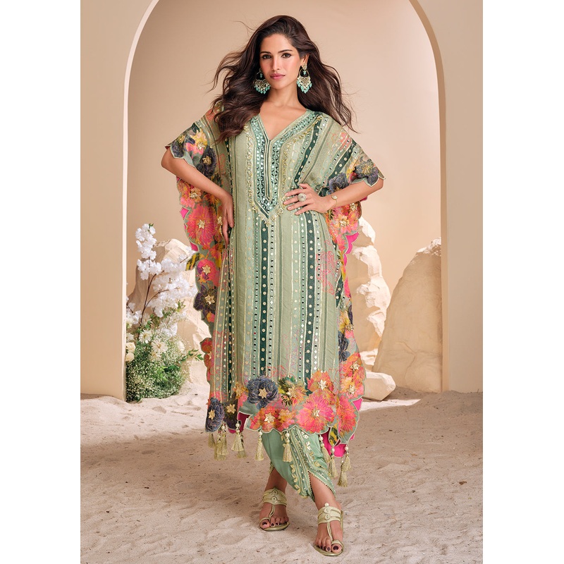 Green Dhoti Style Hand Embellished Kaftan Style Dress