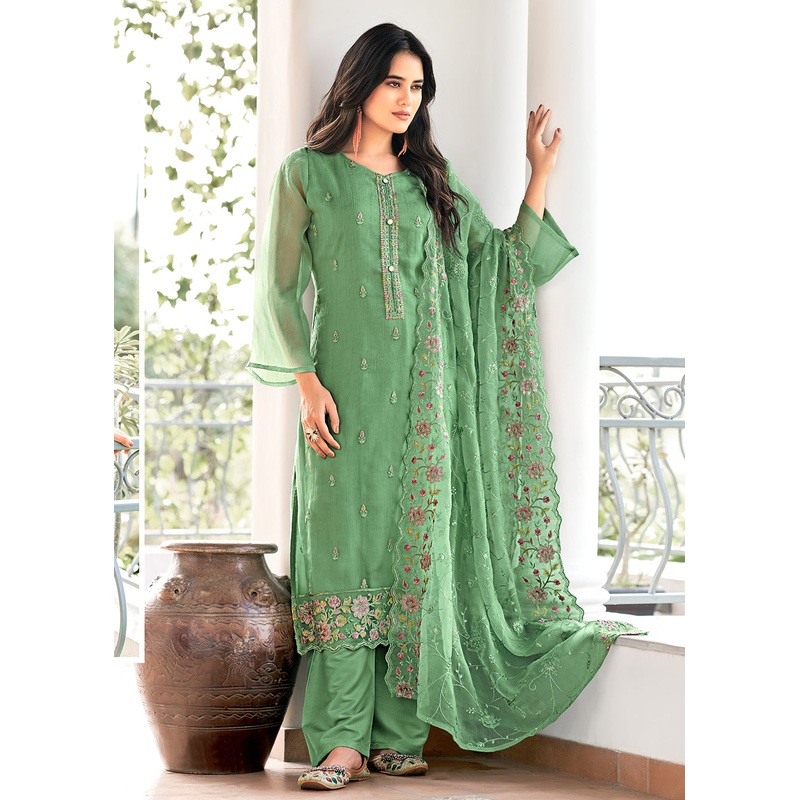 Green Embroidered Organza Chiffon Festive Salwar Suit