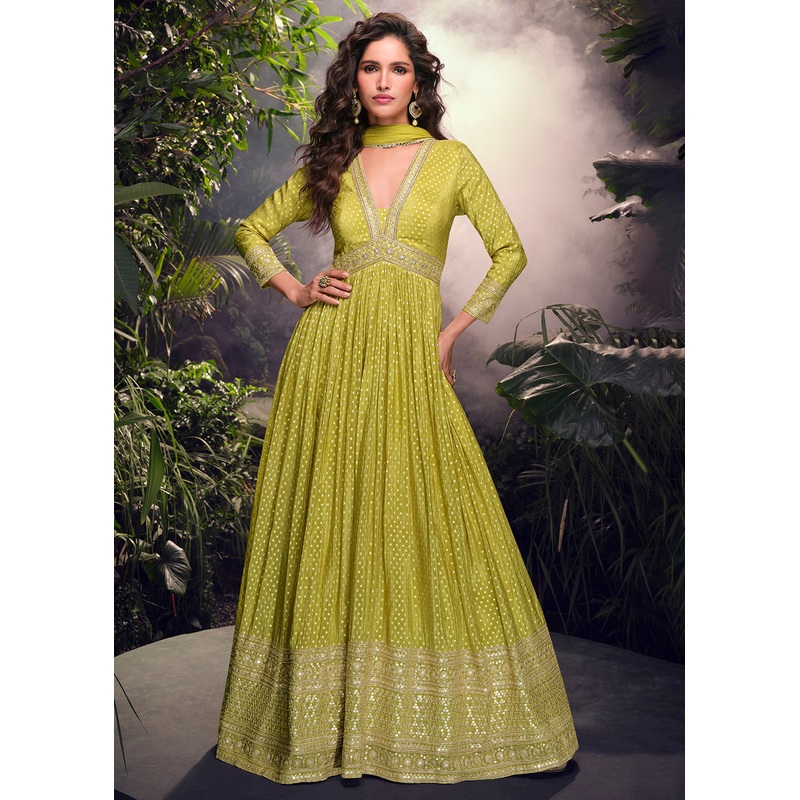 Green Pure Viscose Jaquard Embroidered Silk Anarkali Gown