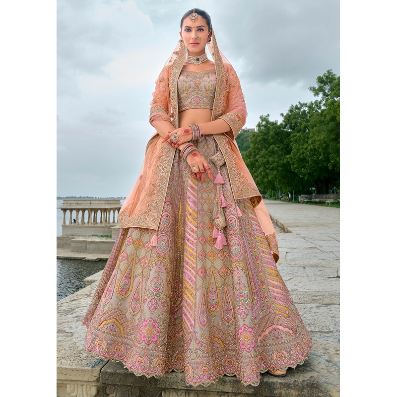 Grey Pink Silk Embroidered Bridal Wear Lehenga Choli