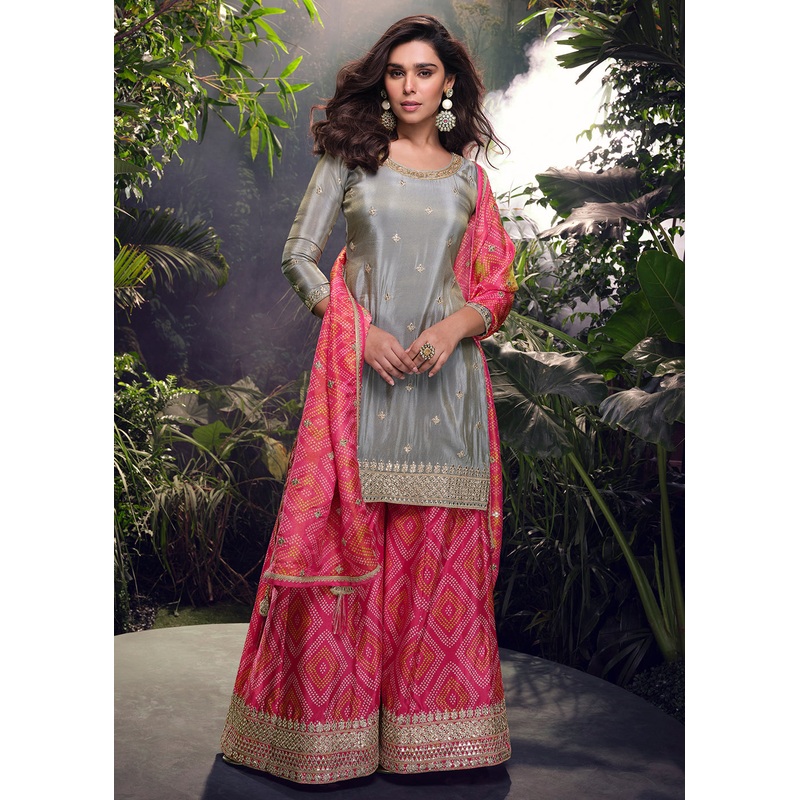 Grey & Pink Silk Embroidered Wedding Wear Palazzo Suit