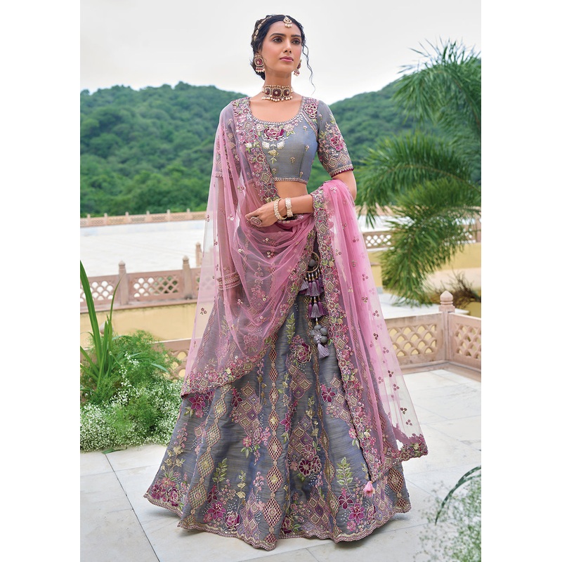Grey & Purple Heavy Embroidered Bridal Style Lehenga Choli