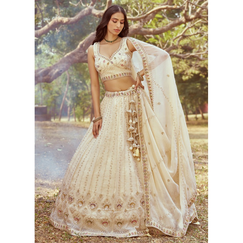 Hand Work Embroidered Cream Wedding Lehenga Choli