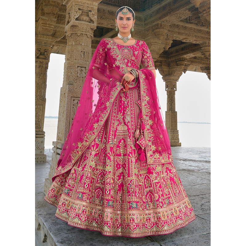 Hot Pink Silk Embroidered Bridal Wear Lehenga Choli