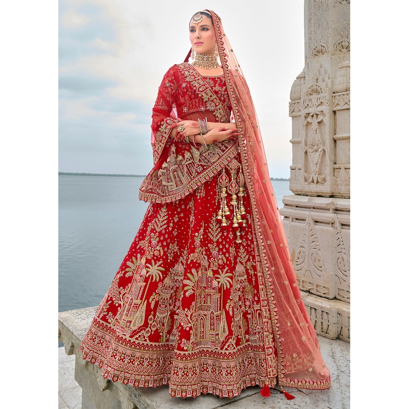 Hot Red Silk Embroidered Bridal Wear Lehenga Choli