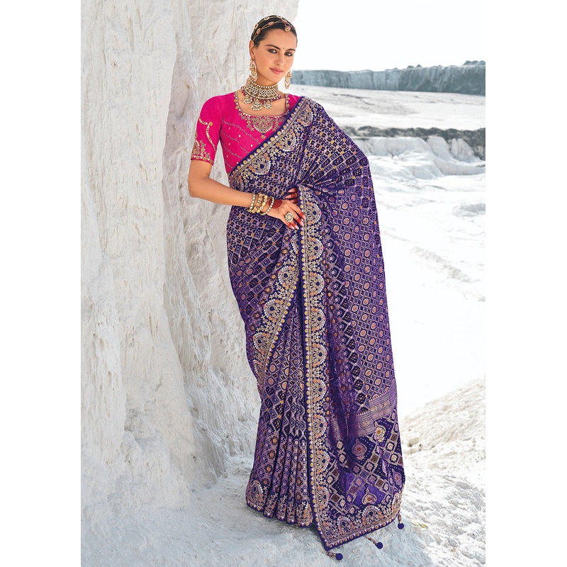 Incredible Purple Georgette Wedding Bandhani Patola Saree