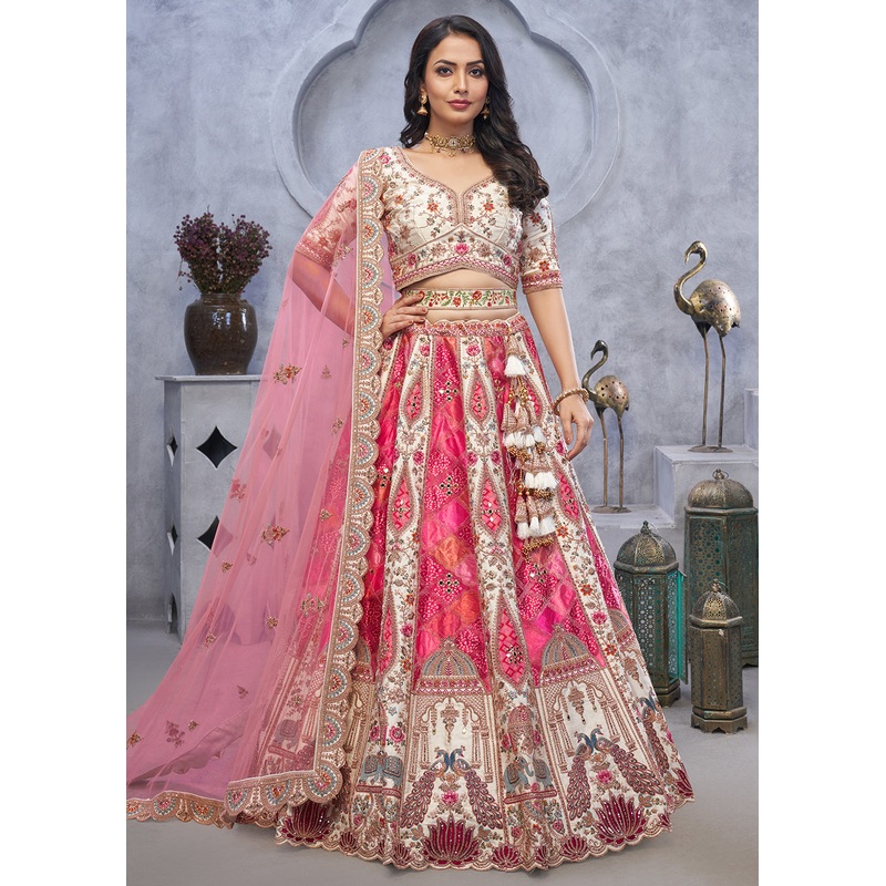 Ivory Pink Organza Silk Heavy Embroidered Wedding Lehenga Choli