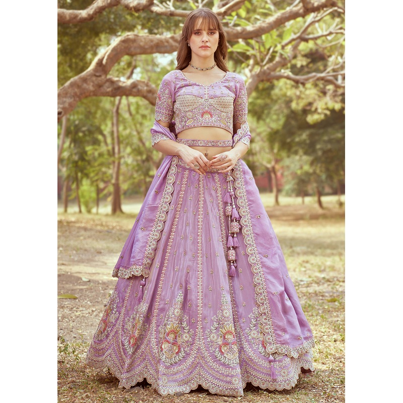 Lavender Gold Crushed Tissue Designer Lehenga Choli