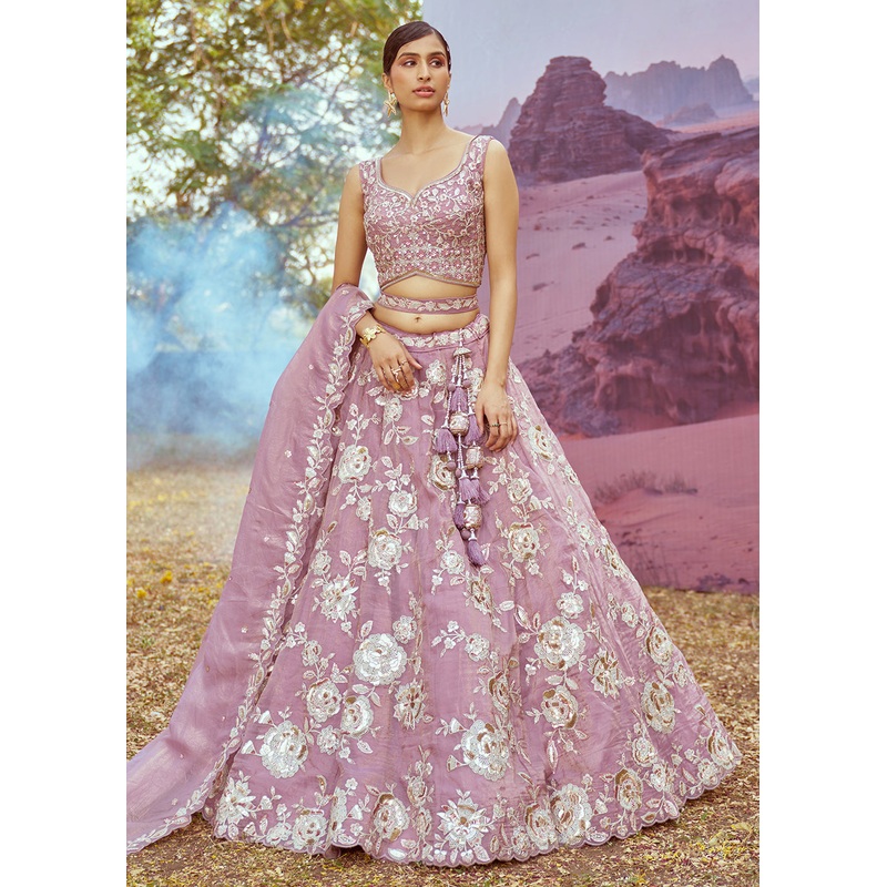 Lavender Organza Multi Sequins Designer Lehenga Choli