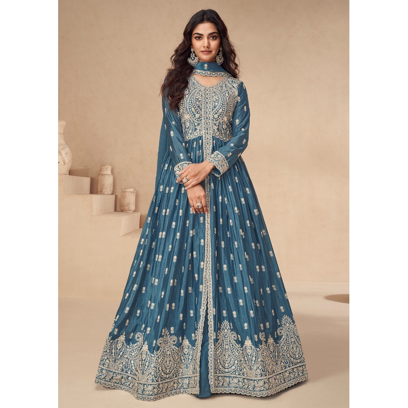 Lehenga Style Blue Embroidered Slit Style Anarkali Dress
