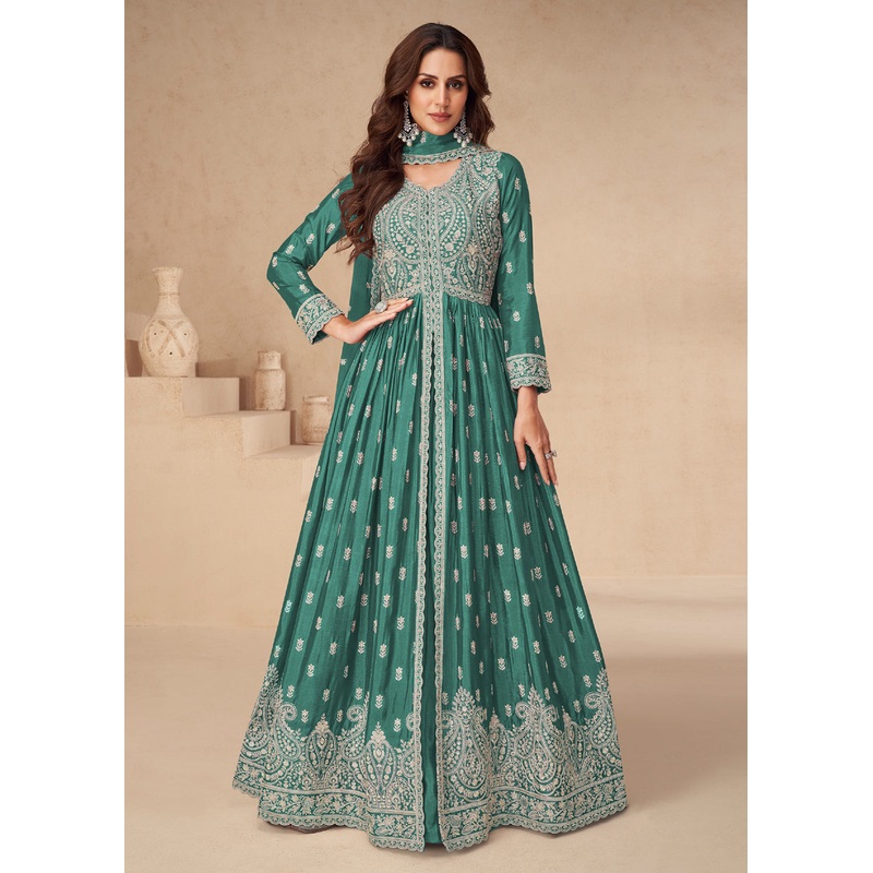 Lehenga Style Green Embroidered Slit Style Anarkali Dress
