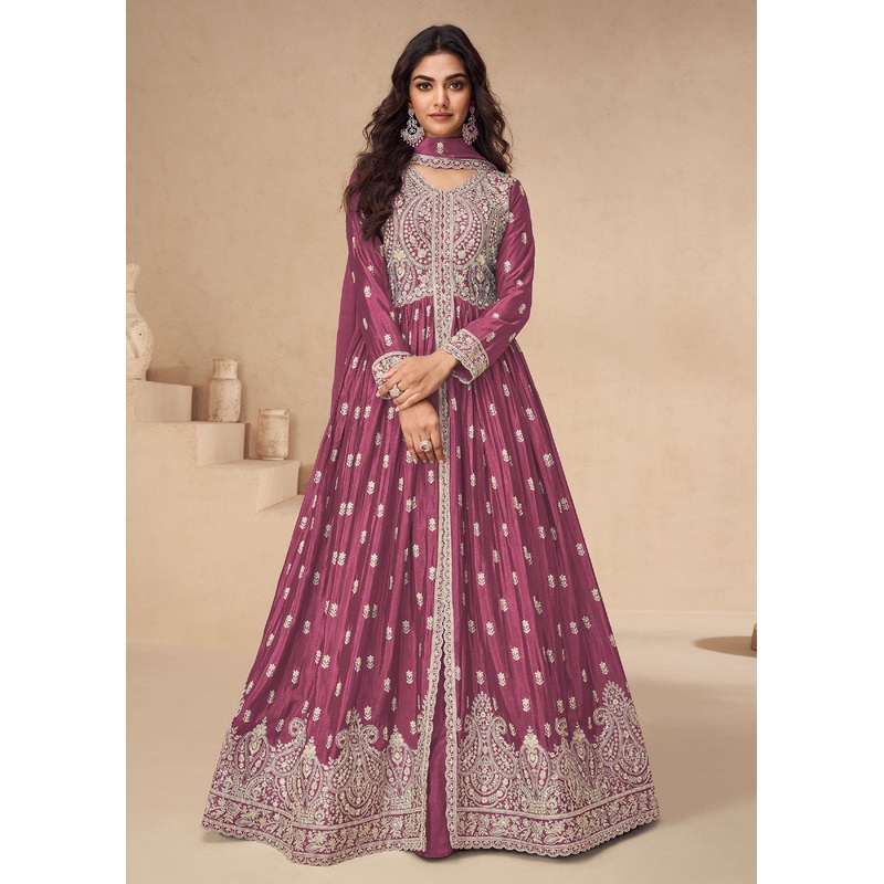 Lehenga Style Pink Embroidered Slit Style Anarkali Dress