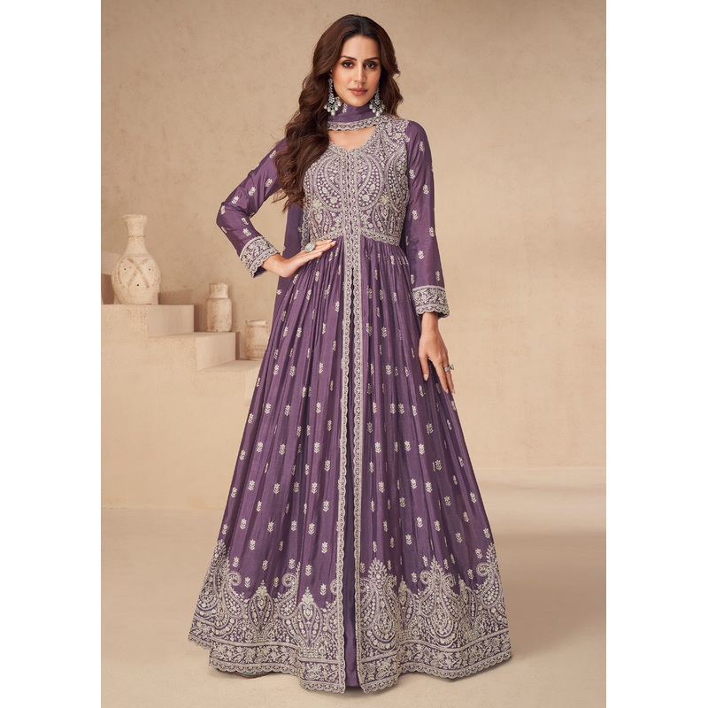Lehenga Style Purple Embroidered Slit Style Anarkali Dress