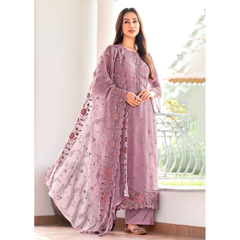 Lilac Pink Embroidered Organza Chiffon Festive Salwar Suit