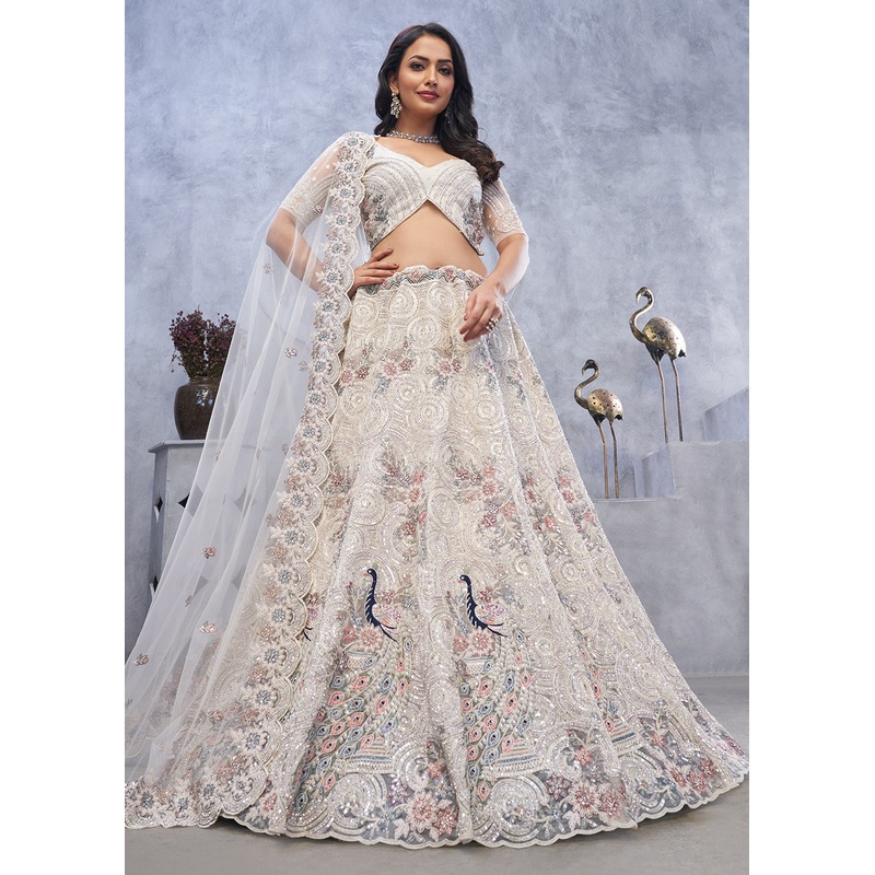 Majestic Ivory Soft Net Embroidered Bridal Lehenga Choli