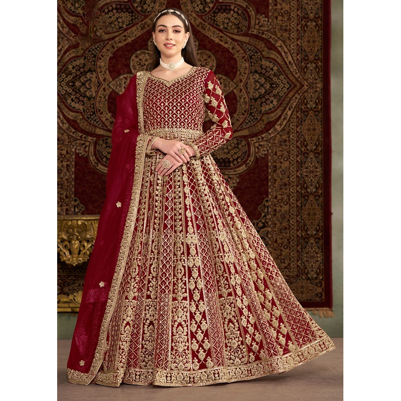 Maroon All Over Embroidered Net Wedding Anarkali Gown