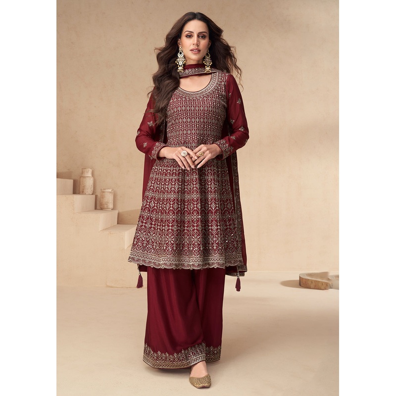 Maroon Designer Style Embroidered Palazzo Style Dress