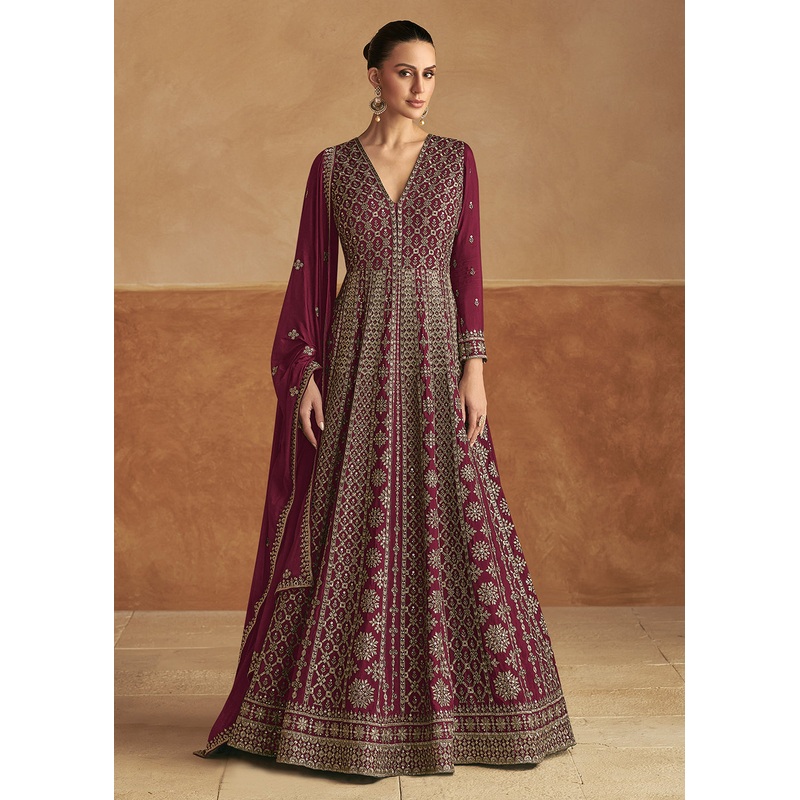 Maroon Front & Back Embroidery Wedding Anarkali Suit