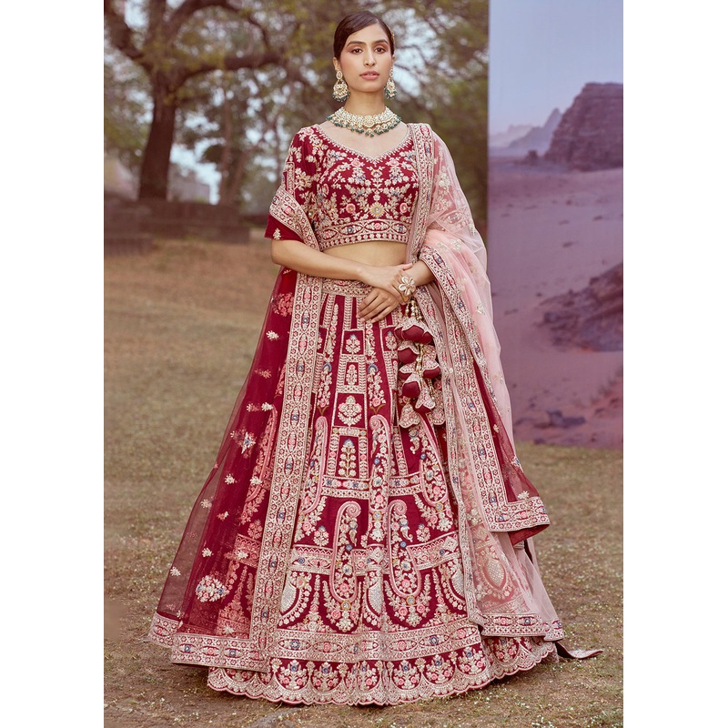 Maroon Pure Silk Embroidered Wedding Wear Lehenga Choli