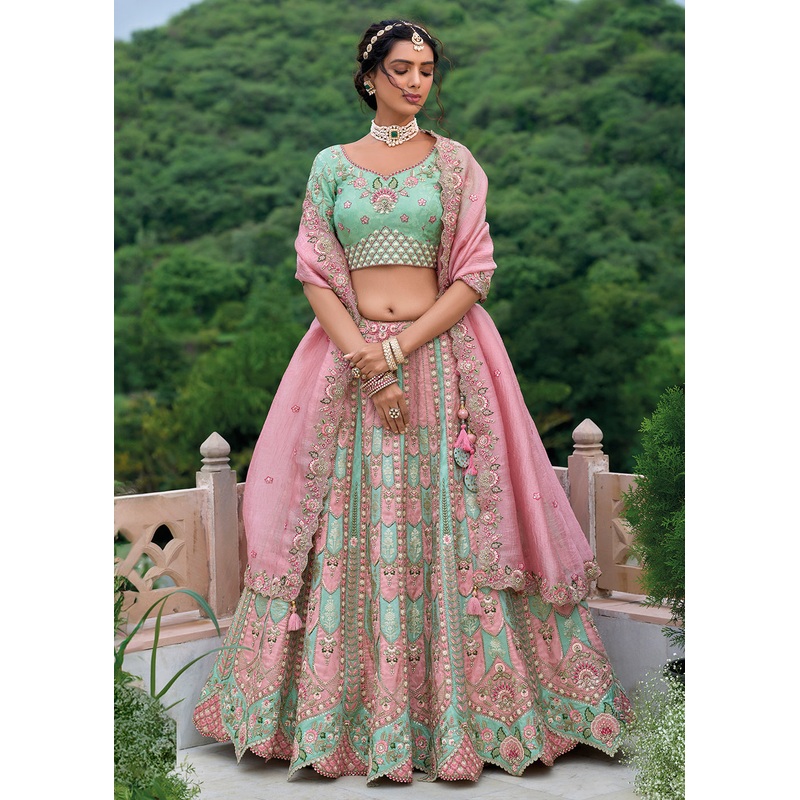 Mint & Pink Heavy Embroidered Bridal Style Lehenga Choli