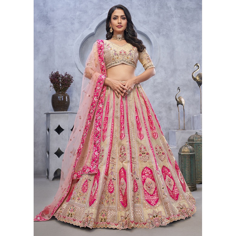 Multi Beige Paisley Motifs Embroidered Wedding Lehenga Choli
