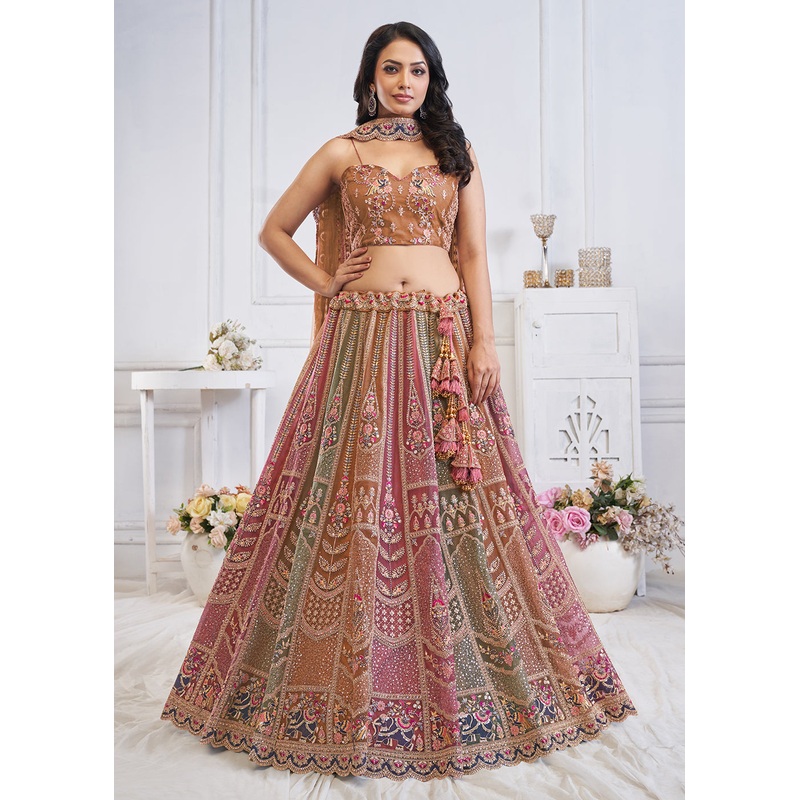 Multi & Brown Embroidered Wedding Wear Lehenga Choli