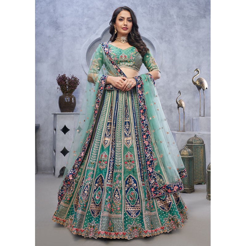 Multi Green Paisley Motifs Embroidered Wedding Lehenga Choli