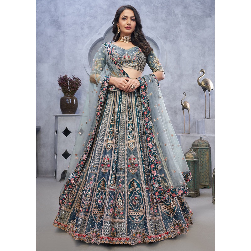 Multi Grey Paisley Motifs Embroidered Wedding Lehenga Choli