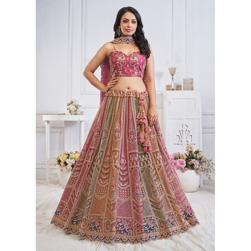 Multi & Onion Pink Embroidered Wedding Wear Lehenga Choli