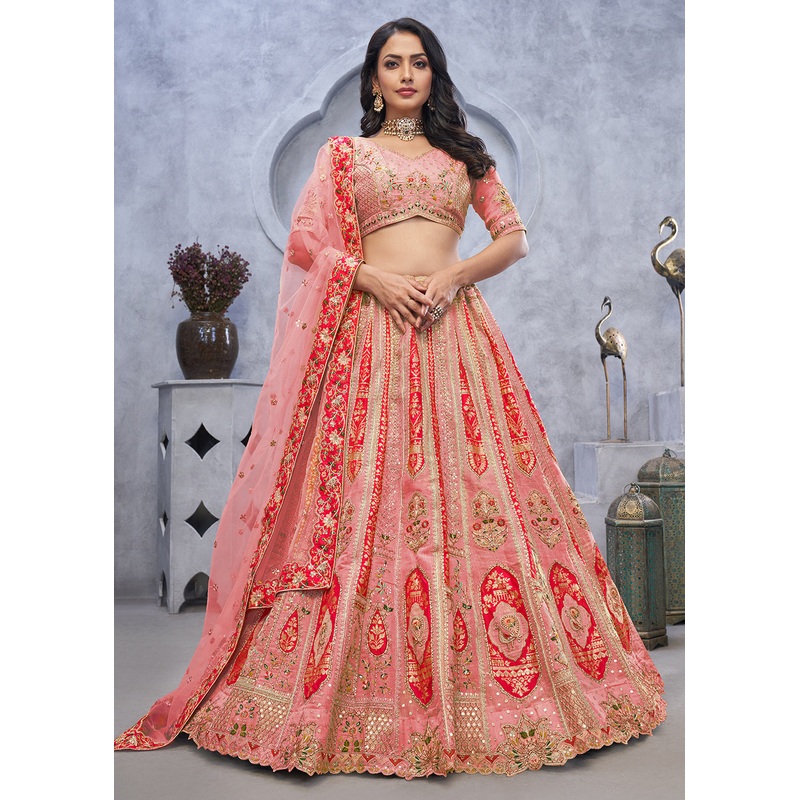 Multi Pink Paisley Motifs Embroidered Wedding Lehenga Choli