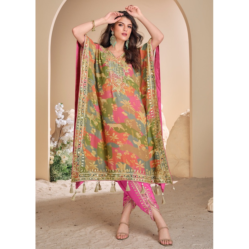 Multicolor Dhoti Style Hand Embellished Kaftan Style Dress
