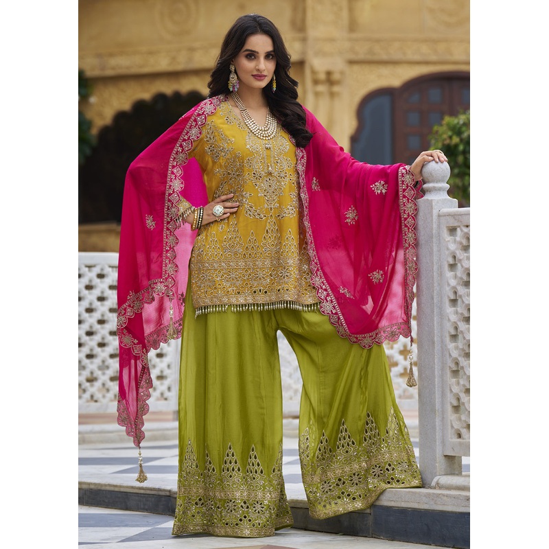 Mustard & Green Embroidered Punjabi Style Palazzo Suit