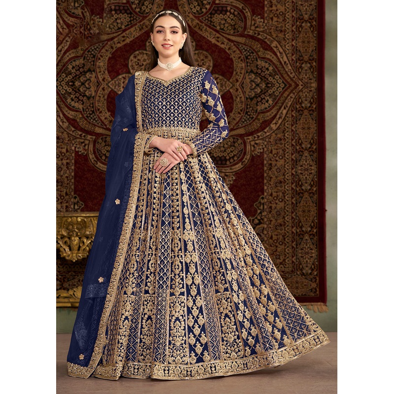Navy All Over Embroidered Net Wedding Anarkali Gown