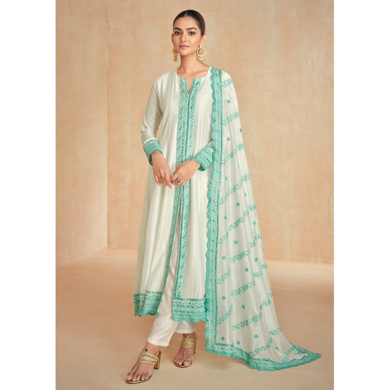Off White & Blue Slit Style Pant Style Salwar Suit