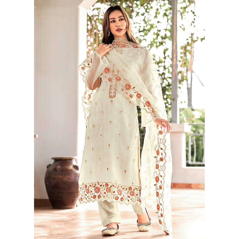 Off White Embroidered Organza Chiffon Festive Salwar Suit