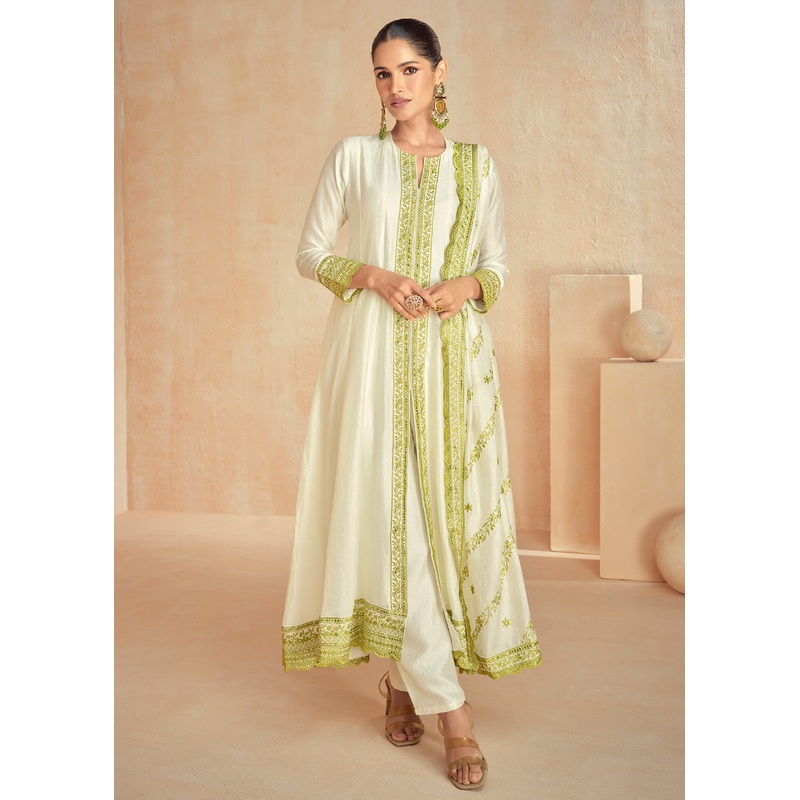 Off White & Green Slit Style Pant Style Salwar Suit