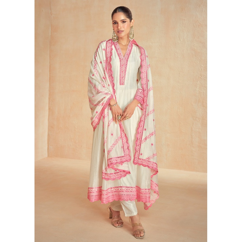 Off White & Pink Slit Style Pant Style Salwar Suit