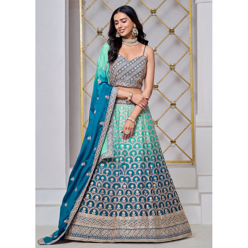 Ombre Teal Chinnon Embroidered Festive Lehenga Choli
