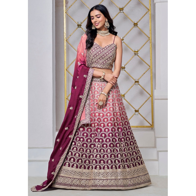 Ombre Wine Chinnon Embroidered Festive Lehenga Choli