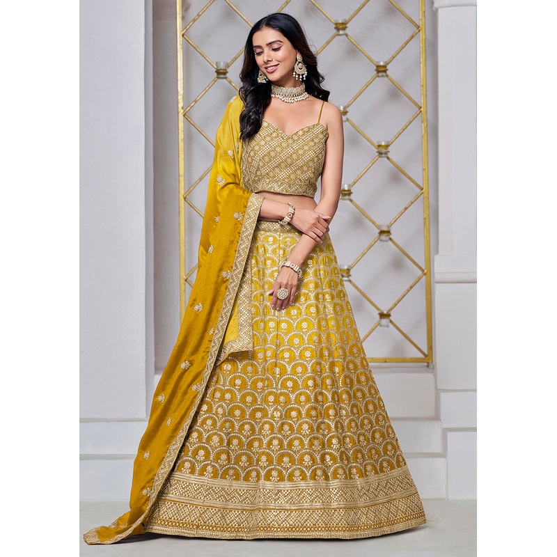 Ombre Yellow Chinnon Embroidered Festive Lehenga Choli