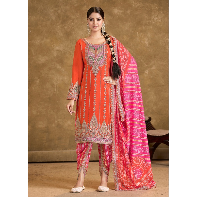 Orange Chinnon Punjabi Style Dhoti Style Salwar Suit