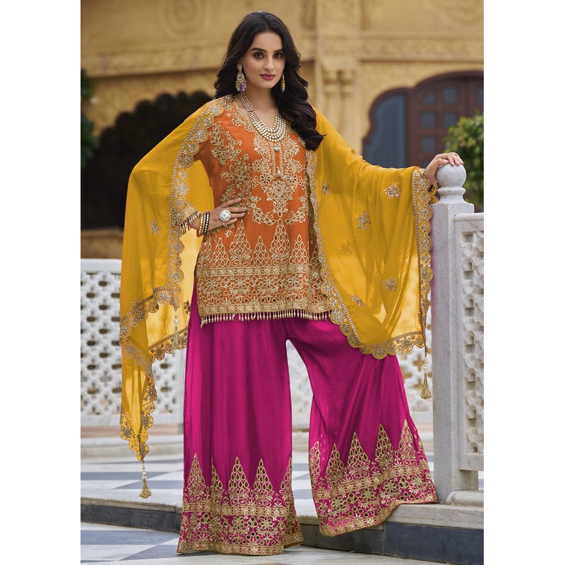 Orange & Pink Embroidered Punjabi Style Palazzo Suit