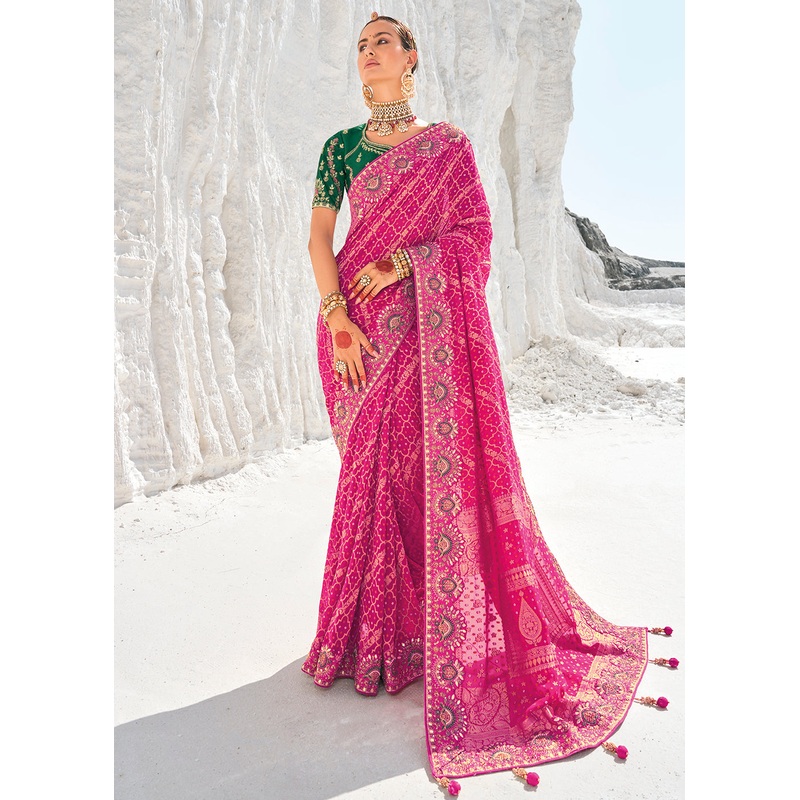 Outstanding Rani Georgette Wedding Bandhani Patola Saree