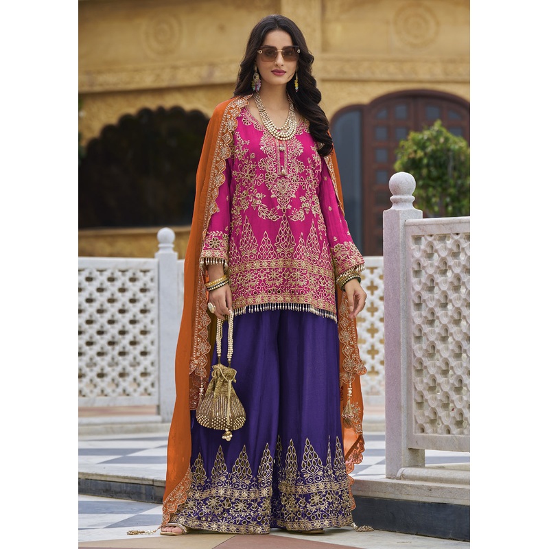 Pink & Blue Embroidered Punjabi Style Palazzo Suit