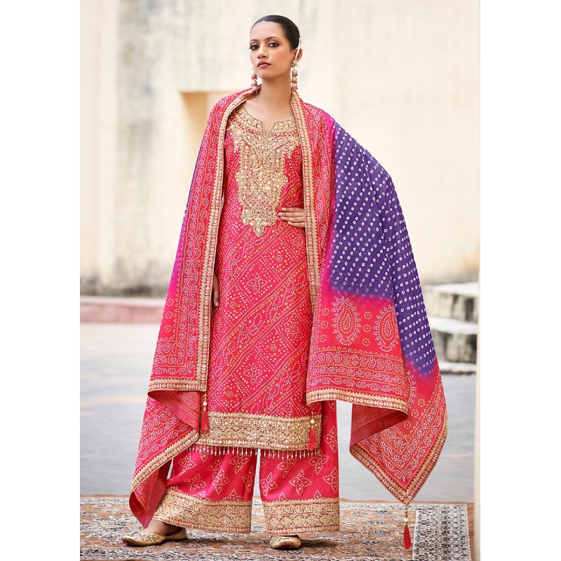 Pink Chinnon Mirror Embroidered Palazzo Style Suit