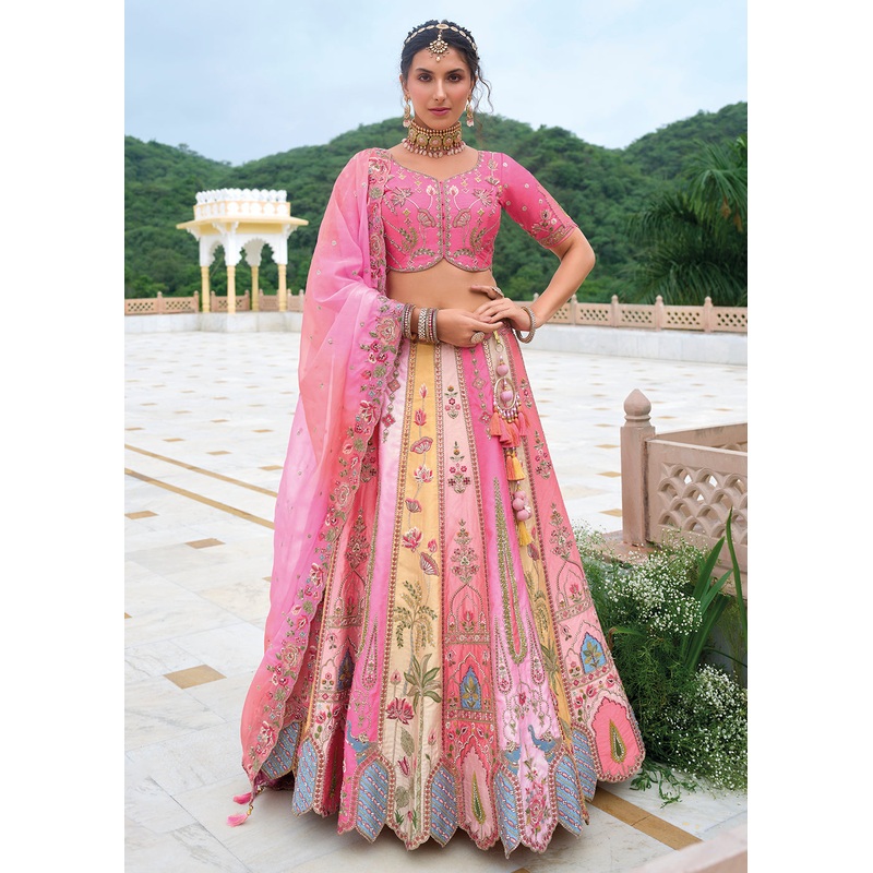 Pink Multicolor Heavy Embroidered Bridal Style Lehenga Choli